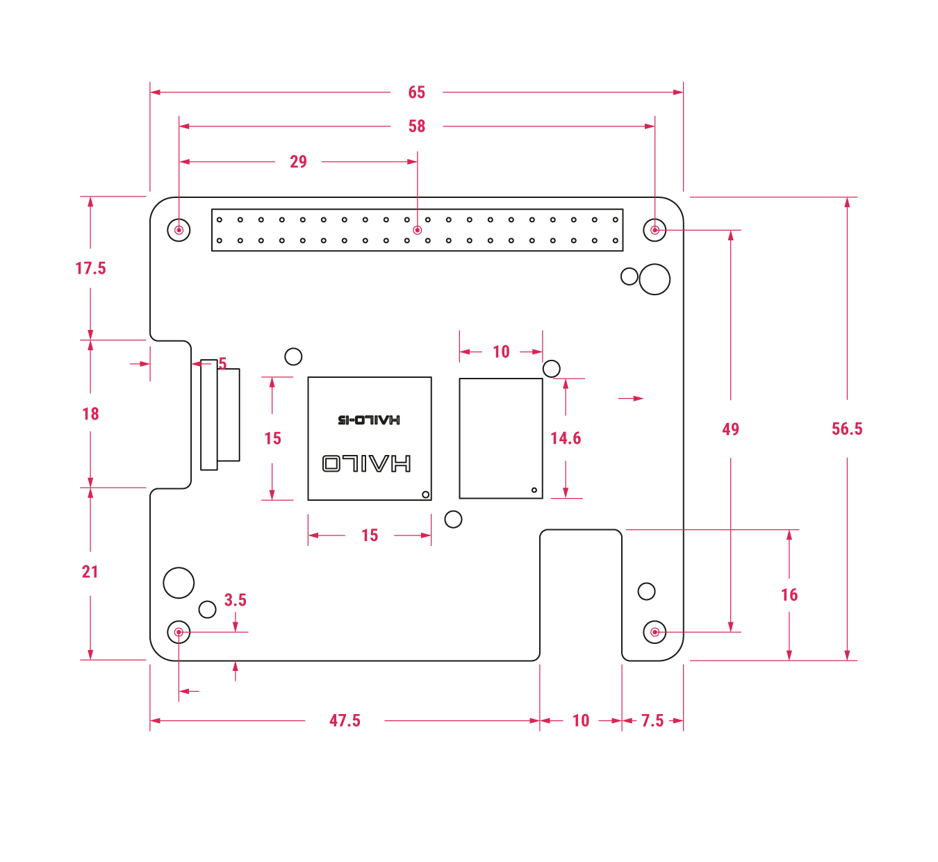 AI HAT+ 机械结构图；所有尺寸均为毫米单位近似值