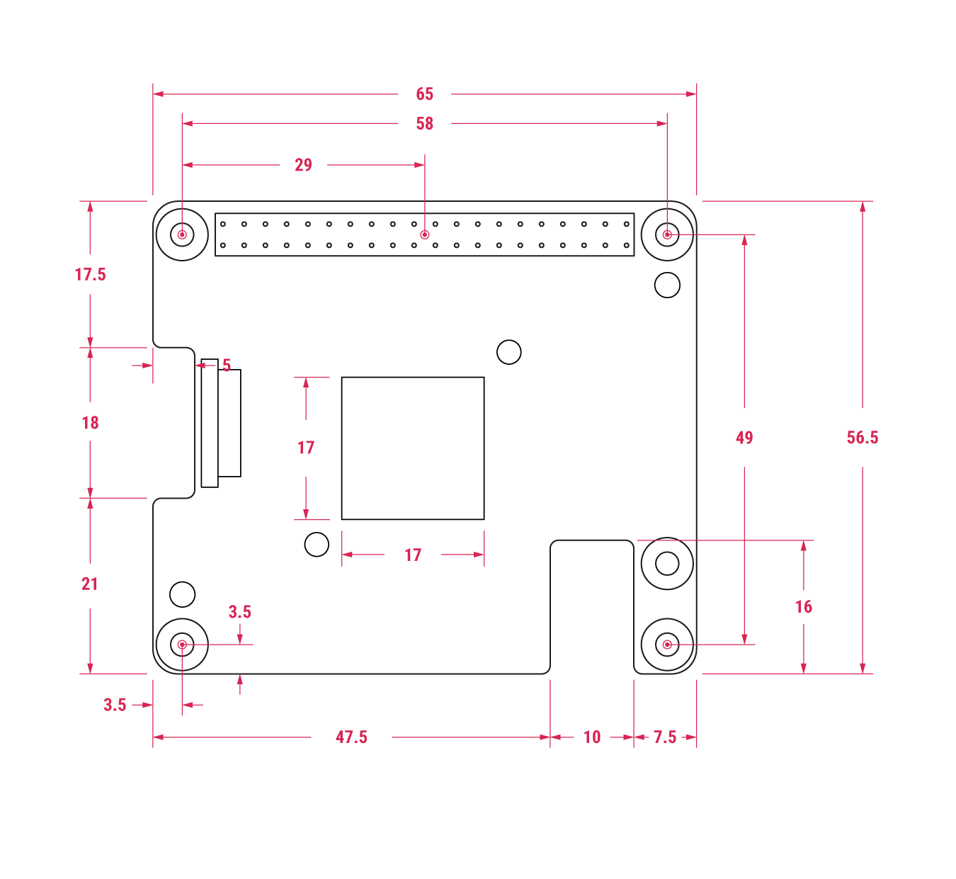 AI HAT+ 机械结构图；所有尺寸均为毫米单位近似值
