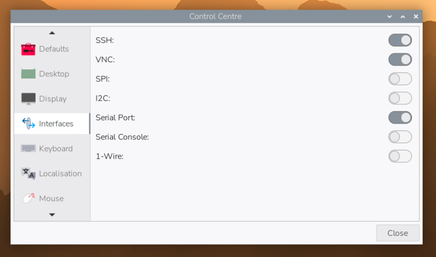 接口选项卡。SSH、VNC和串行端口已启用。其余选项均未启用。