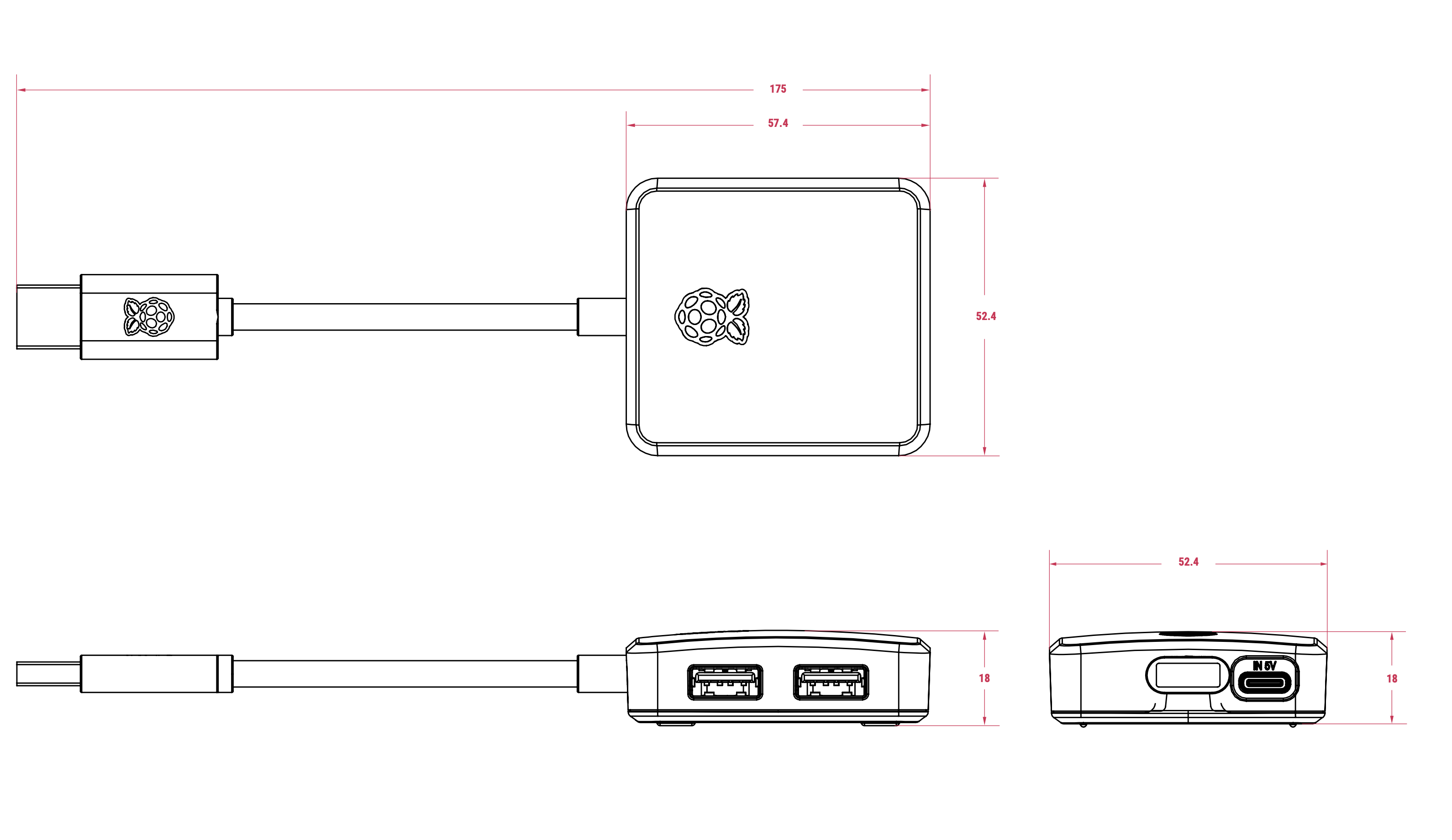 树莓派USB3集线器机械示意图；所有尺寸均为毫米(mm)单位近似值；所示尺寸可能变更，不可用于生产设计