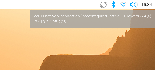 显示 WiFi 网络名称和 IP 地址的网络管理器工具提示