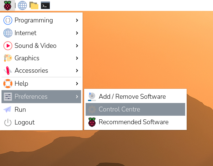 从系统托盘的首选项菜单中选择 控制中心